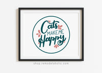 printable wall art home decor for cat lovers, handlettered cats make me happy