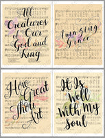 handlettered hymns on vintage sheet music art with watercolor flowers