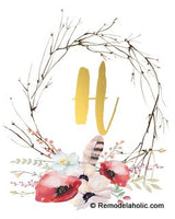 Gold & Pink Floral Twig Wreath Monogram Printable