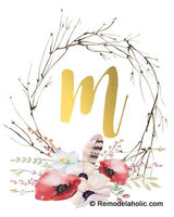 Gold & Pink Floral Twig Wreath Monogram Printable