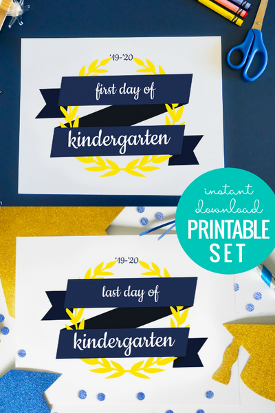 first and last day of school sign printable, blue ribbon and yellow laurel wreath design