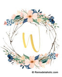 Blue Floral Twig Wreath + Gold Monogram Printable