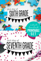 printable first day of school sign, last day of school sign, black and white bunting