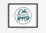 printable wall art home decor for cat lovers, handlettered cats make me happy