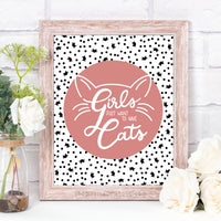 classic black and pink printable home decor wall art for cat owners, girls just want to have cats