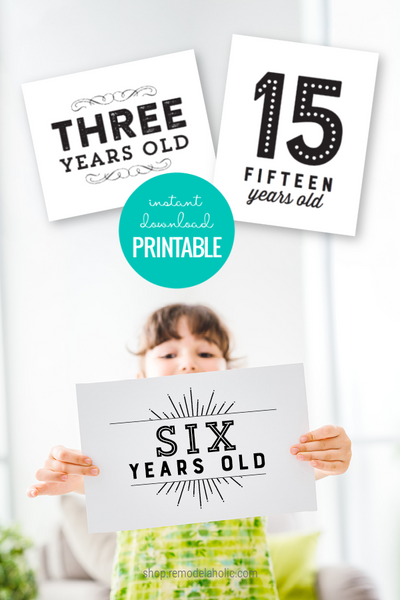 black and white printable birthday sign set with year ages