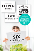 printable milestone sign set for pregnancy, baby, birthdays, and first day of school - black and white modern swirl design