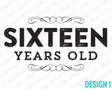 black and white birthday sign with age and swirls