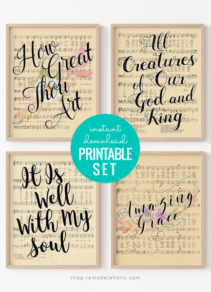 printable vintage sheet music art, Easter hymns with watercolor flowers