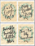 handlettered nursery rhyme song titles on vintage sheet music with watercolor leaves