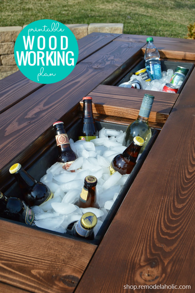 DIY Patio Table with Built-In Ice Box Drink Coolers + Matching Benches